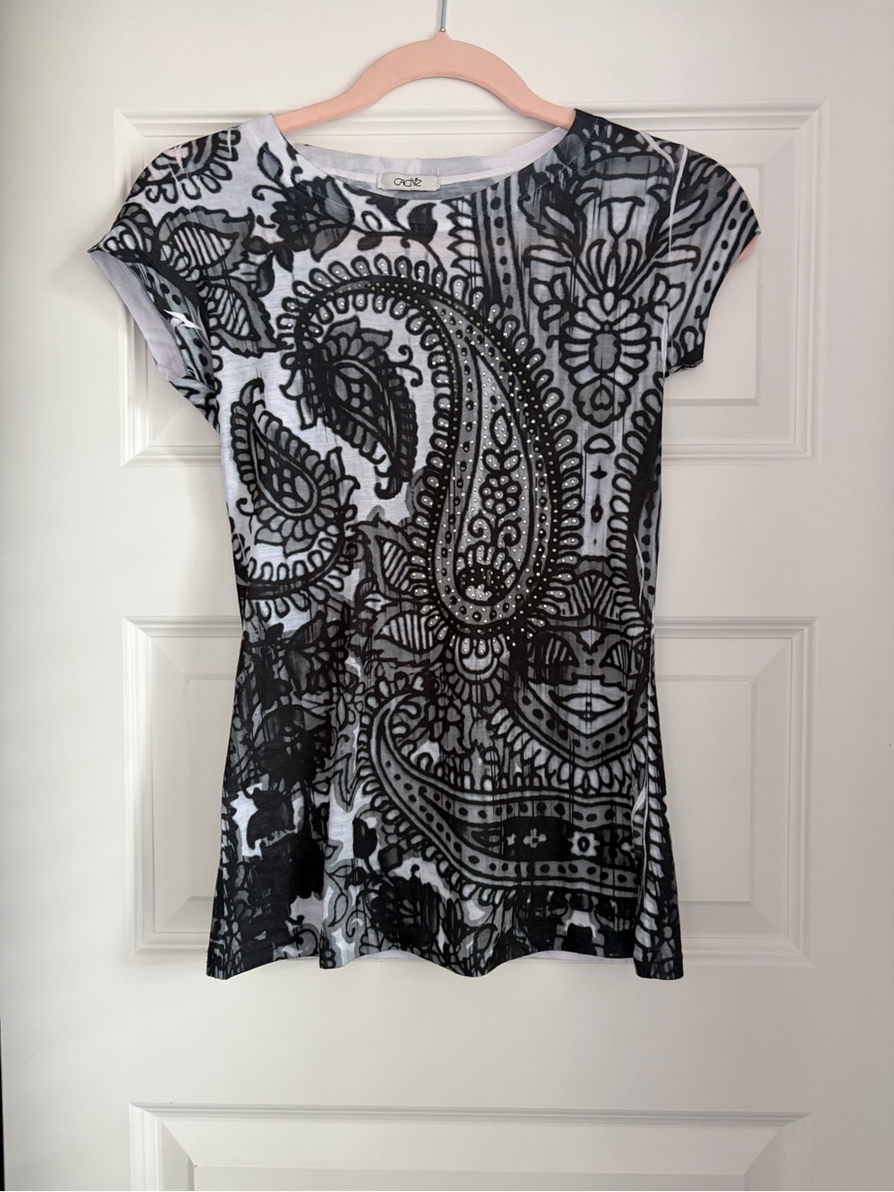 Cache Black & White Paisley Short Sleeve Tee